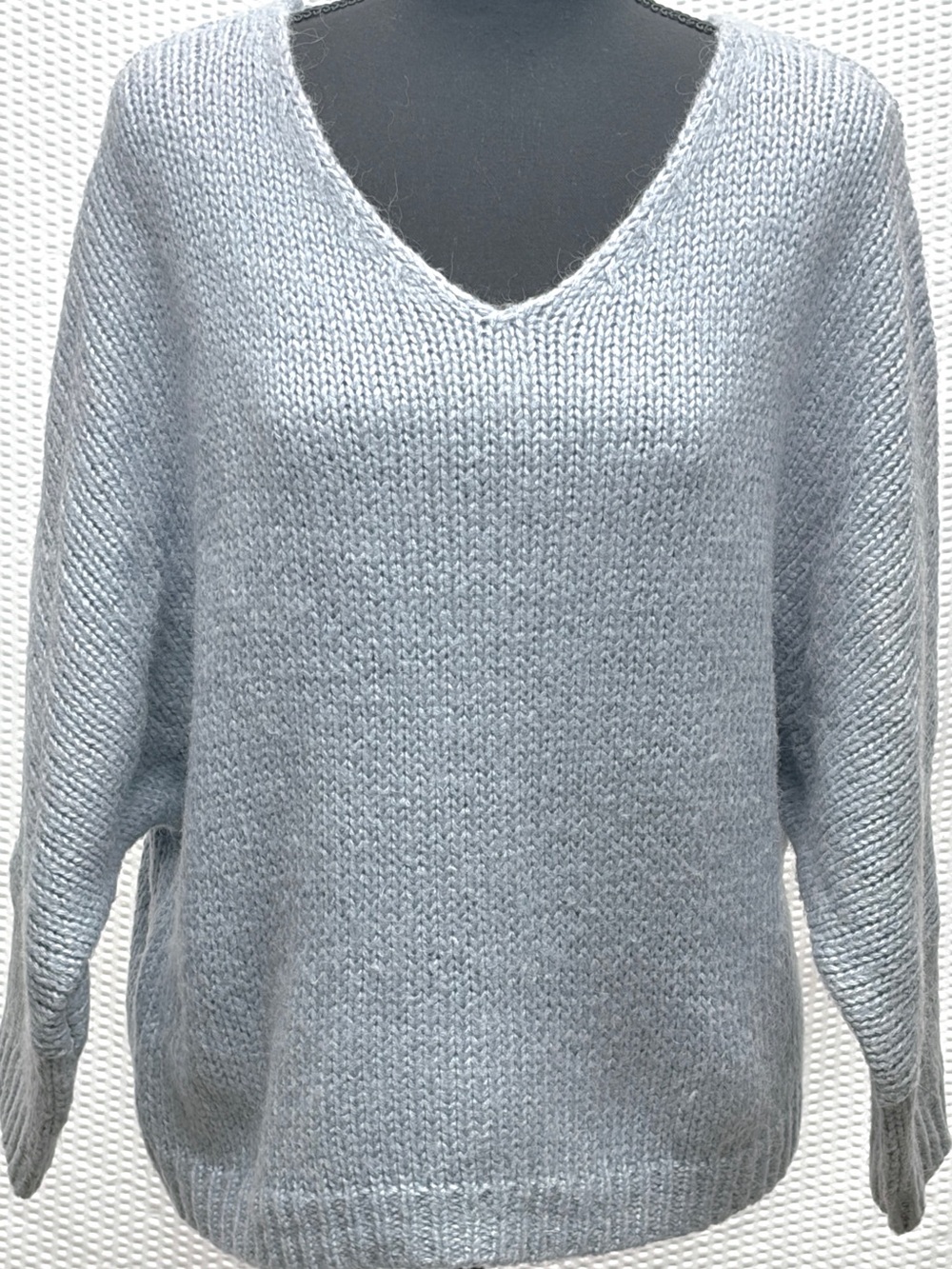 Magaschoni Chunky Knit Sweater Women’s S Blue Fog V Neck Wool Blend NWT